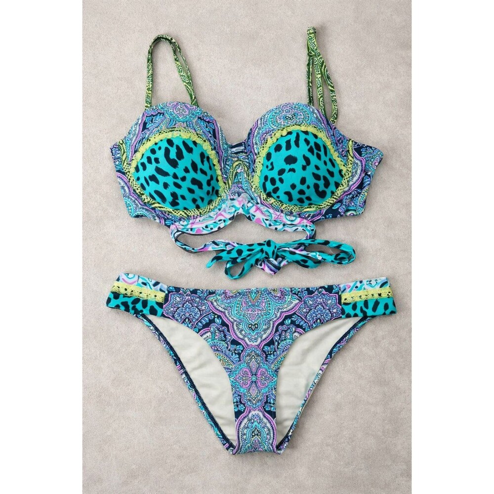 Betsey Johnson Y2K Bikini Set L Turquoise Paisley Leopard Rare